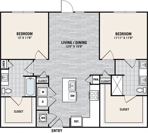 Floor plan for 2 beds, 2 baths, 1140 sqft